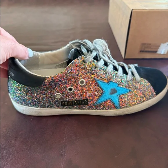 Golden Goose Multicolor Glitter and Black Sneakers w/ Blue Metallic Star - Picture 4 of 13